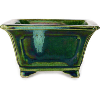  Satomi Mazan, Mazan Terahata 126 mm square green with a blue accent bonsai pot by Terahata Satomi Mazan, Tokoname, Japan