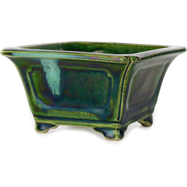 Pot à bonsaï carré vert avec accent bleu par Terahata Satomi Mazan - 126 x 126 x 72 mm