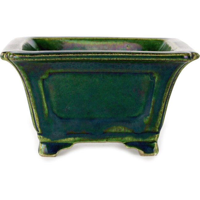 Vierkant groen met blauw accent bonsaipot van Terahata Satomi Mazan - 126 x 126 x 72 mm
