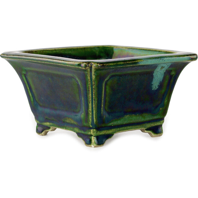 Vaso bonsai quadrato verde con accenti blu di Terahata Satomi Mazan - 126 x 126 x 72 mm