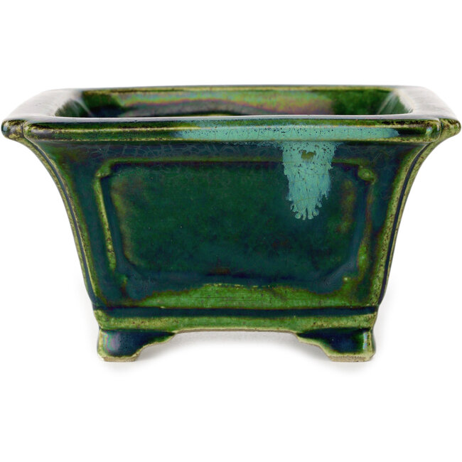 Vaso bonsai quadrato verde con accenti blu di Terahata Satomi Mazan - 126 x 126 x 72 mm
