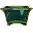 Maceta cuadrada para bonsái verde con detalles en azul de Terahata Satomi Mazan - 126 x 126 x 72 mm