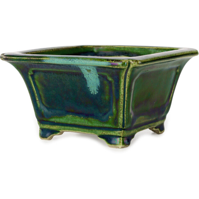 Vaso bonsai quadrato verde con accenti blu di Terahata Satomi Mazan - 126 x 126 x 72 mm