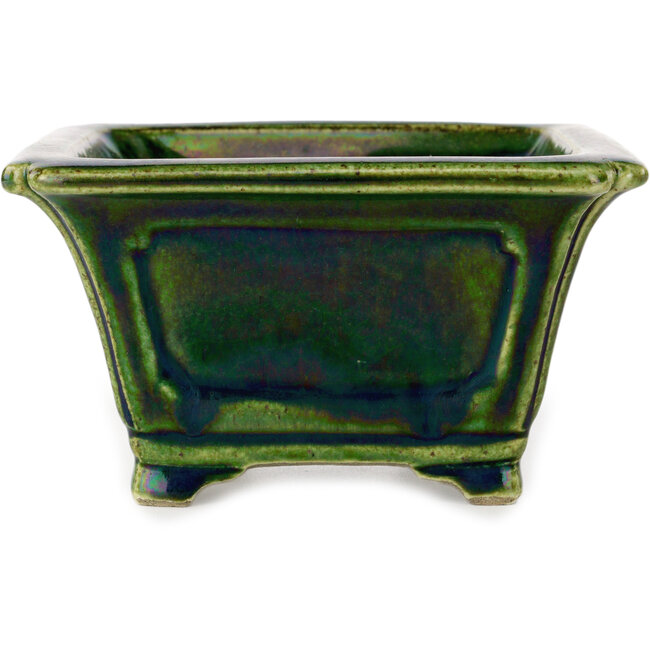 Square green with a blue accent bonsai pot by Terahata Satomi Mazan - 126 x 126 x 72 mm