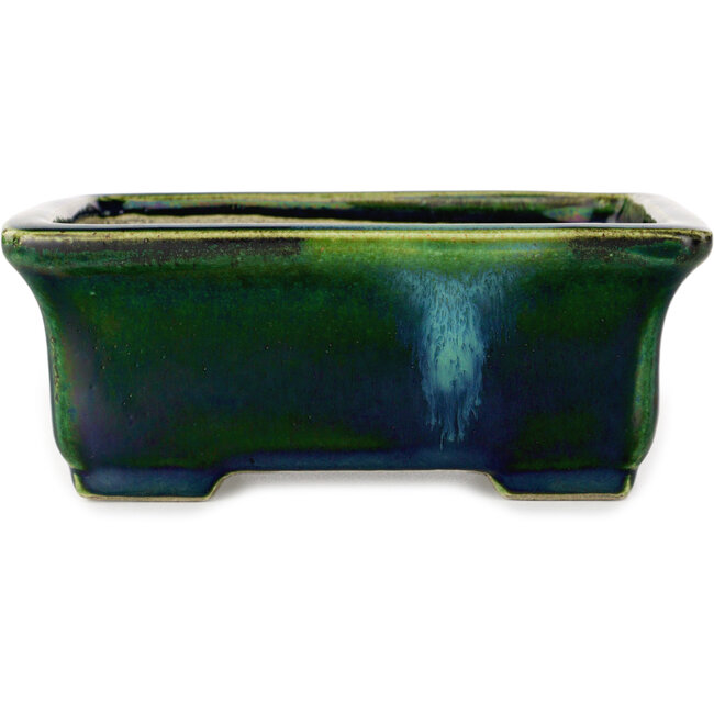 Rectangular green with a blue accent bonsai pot by Terahata Satomi Mazan - 165 x 135 x 65 mm