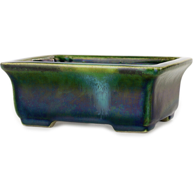 Rectangular green with a blue accent bonsai pot by Terahata Satomi Mazan - 165 x 135 x 65 mm