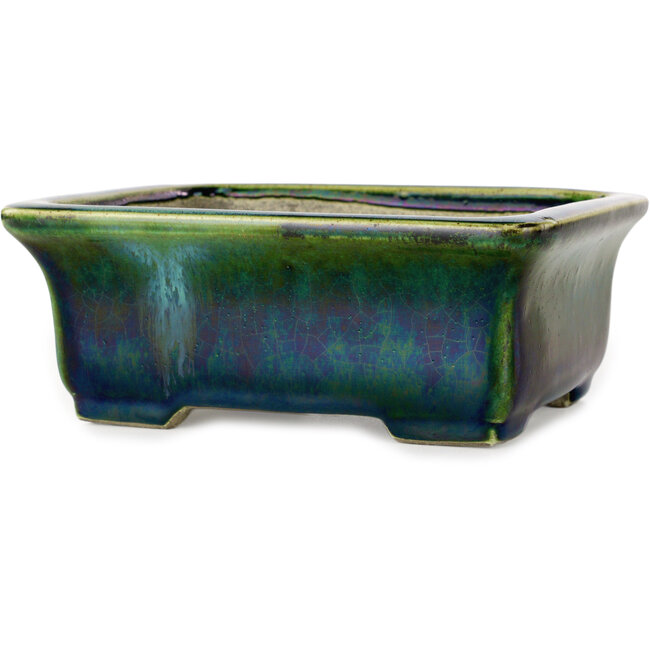 Rectangular green with a blue accent bonsai pot by Terahata Satomi Mazan - 165 x 135 x 65 mm