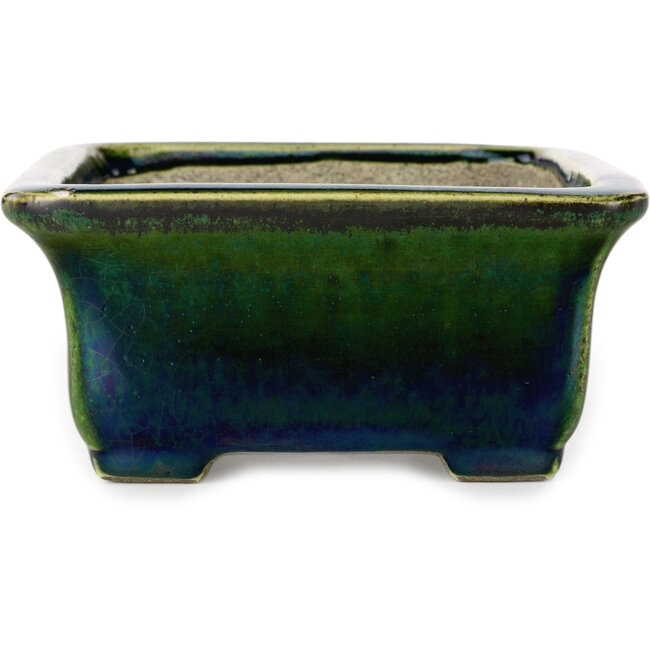 Maceta rectangular para bonsái verde con detalles en azul de Terahata Satomi Mazan - 165 x 135 x 65 mm