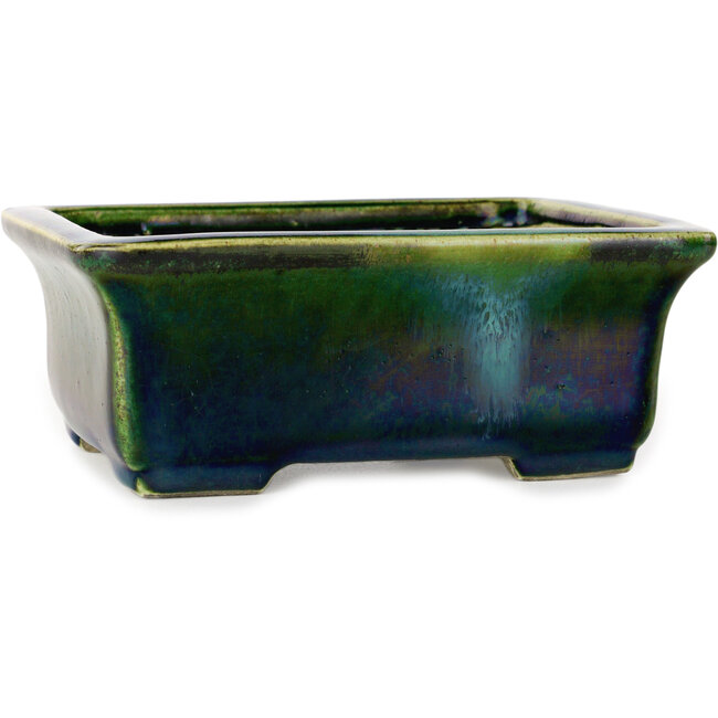 Maceta rectangular para bonsái verde con detalles en azul de Terahata Satomi Mazan - 165 x 135 x 65 mm