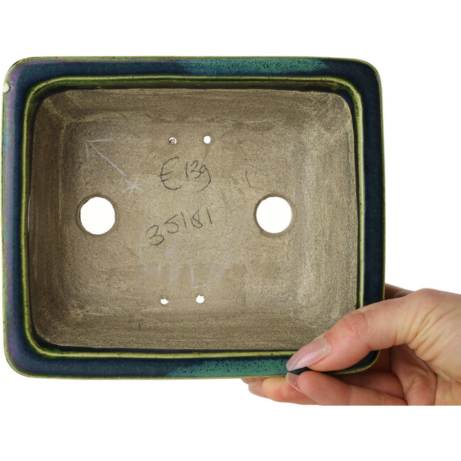Rechthoekige groen met blauw accent bonsaipot van Terahata Satomi Mazan - 165 x 135 x 65 mm