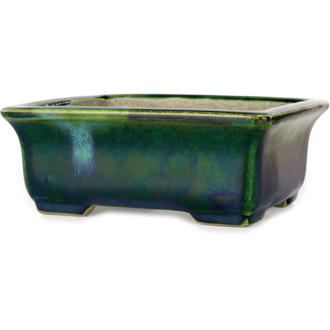 Maceta rectangular para bonsái verde con detalles en azul de Terahata Satomi Mazan - 165 x 135 x 65 mm