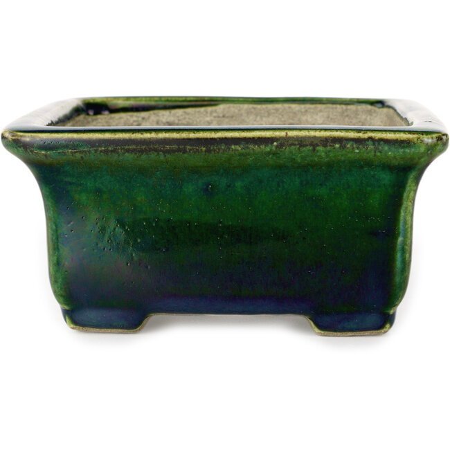 Pot à bonsaï rectangulaire vert avec accent bleu par Terahata Satomi Mazan - 165 x 135 x 65 mm