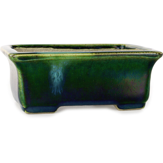 Rectangular green with a blue accent bonsai pot by Terahata Satomi Mazan - 165 x 135 x 65 mm