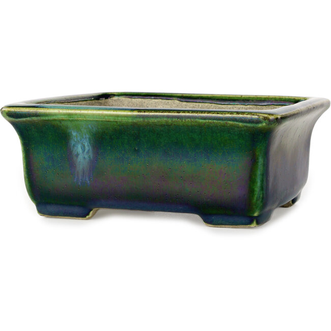 Vaso bonsai rettangolare verde con accenti blu di Terahata Satomi Mazan - 165 x 135 x 65 mm