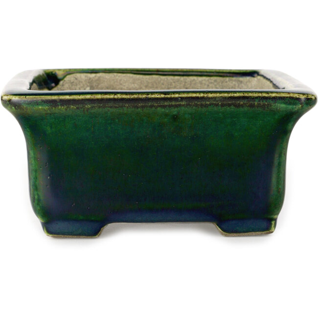 Rectangular green with a blue accent bonsai pot by Terahata Satomi Mazan - 165 x 135 x 65 mm
