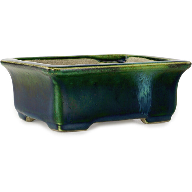 Vaso bonsai rettangolare verde con accenti blu di Terahata Satomi Mazan - 165 x 135 x 65 mm