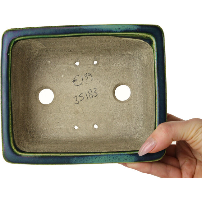 Rectangular green with a blue accent bonsai pot by Terahata Satomi Mazan - 165 x 135 x 65 mm