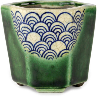 Satomi Mazan, Mazan Terahata Zeshoekige groene bonsaipot van 71 mm van Terahata Satomi Mazan, Tokoname, Japan