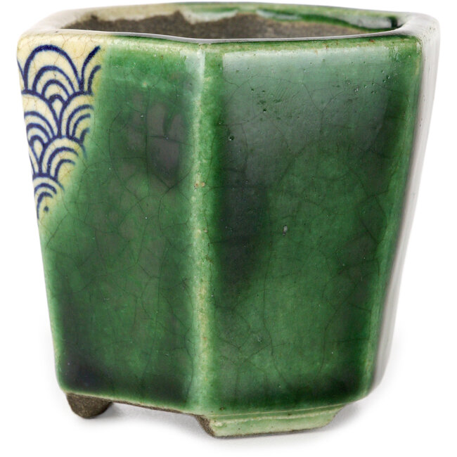 Hexagonal green bonsai pot by Terahata Satomi Mazan - 71 x 71 x 62 mm