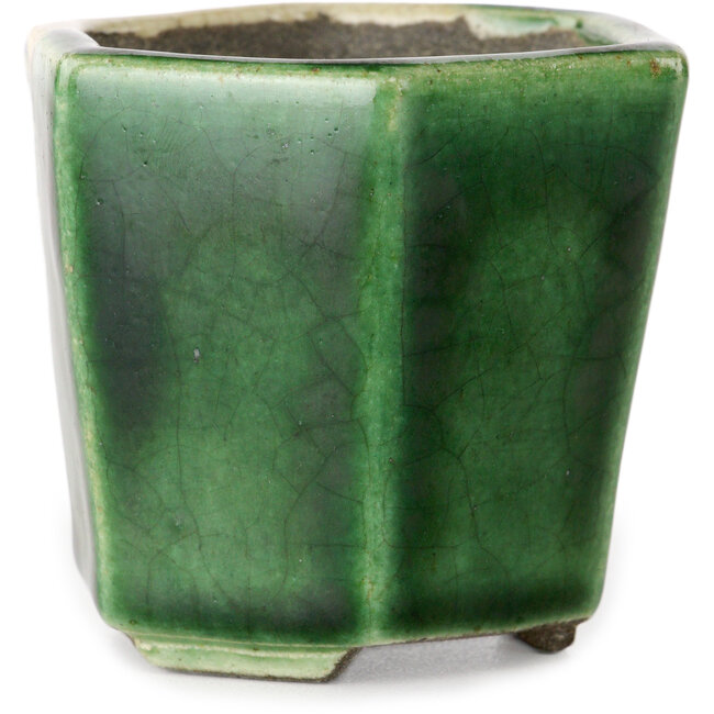 Hexagonal green bonsai pot by Terahata Satomi Mazan - 71 x 71 x 62 mm