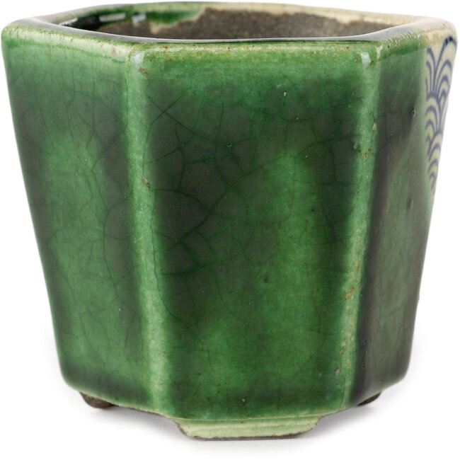 Zeshoekige groene bonsaipot van Terahata Satomi Mazan - 71 x 71 x 62 mm