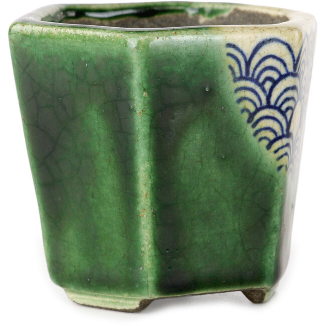 Pot à bonsaï vert hexagonal par Terahata Satomi Mazan - 71 x 71 x 62 mm