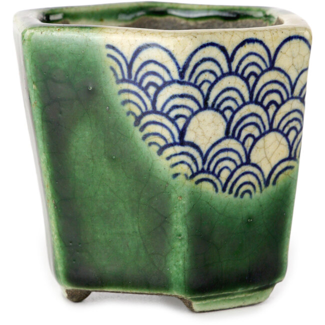 Zeshoekige groene bonsaipot van Terahata Satomi Mazan - 71 x 71 x 62 mm