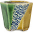Zeshoekige groen en gele bonsaipot van Terahata Satomi Mazan - 71 x 71 x 62 mm