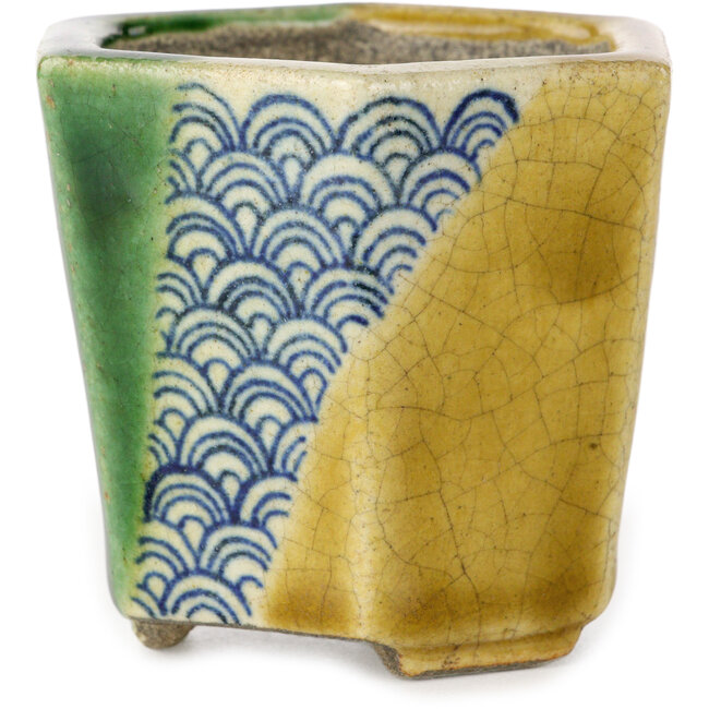Maceta hexagonal para bonsái verde y amarilla de Terahata Satomi Mazan - 71 x 71 x 62 mm