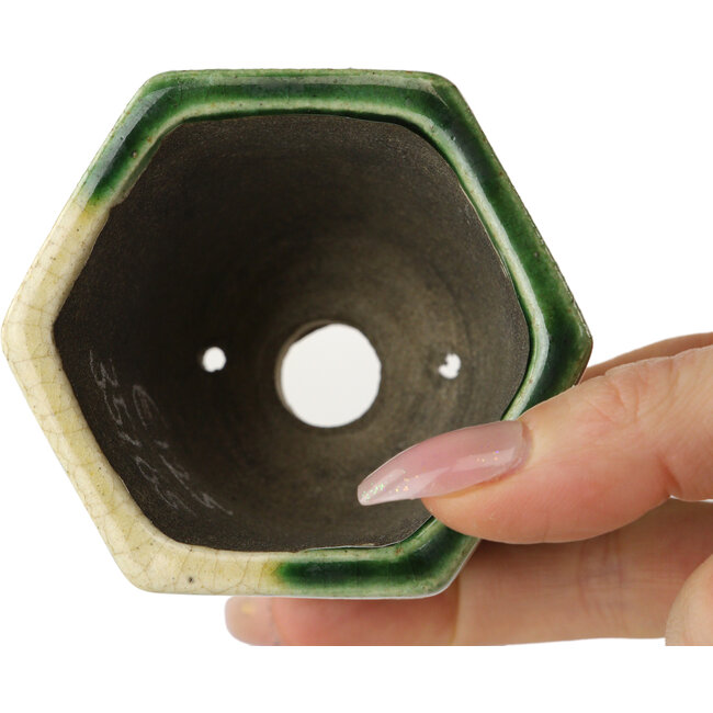 Zeshoekige groene bonsaipot van Terahata Satomi Mazan - 71 x 71 x 62 mm