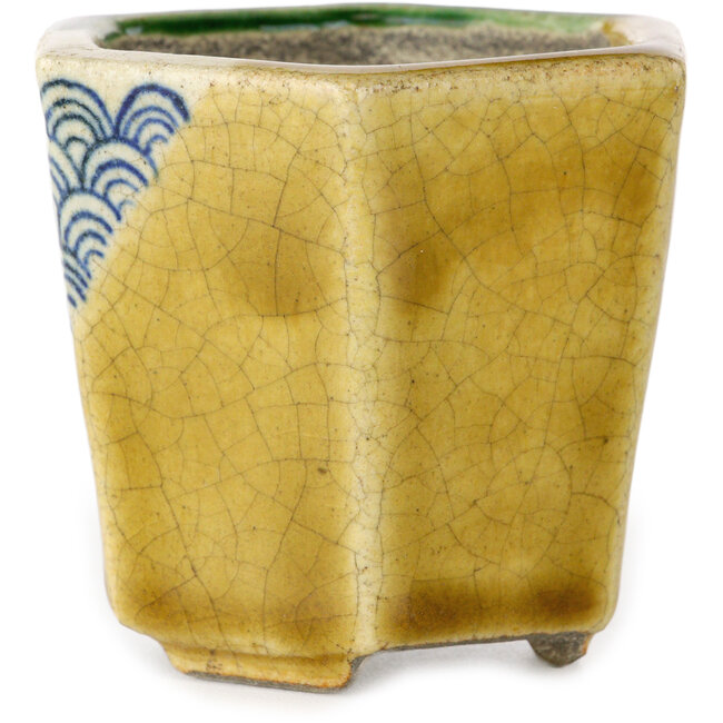 Hexagonal green and yellow bonsai pot by Terahata Satomi Mazan - 71 x 71 x 62 mm