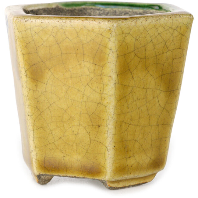 Zeshoekige groen en gele bonsaipot van Terahata Satomi Mazan - 71 x 71 x 62 mm