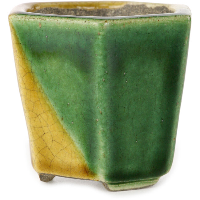 Zeshoekige groen en gele bonsaipot van Terahata Satomi Mazan - 71 x 71 x 62 mm