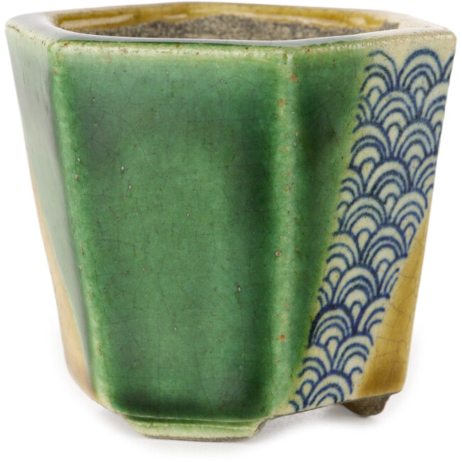 Pot à bonsaï hexagonal vert et jaune par Terahata Satomi Mazan - 71 x 71 x 62 mm