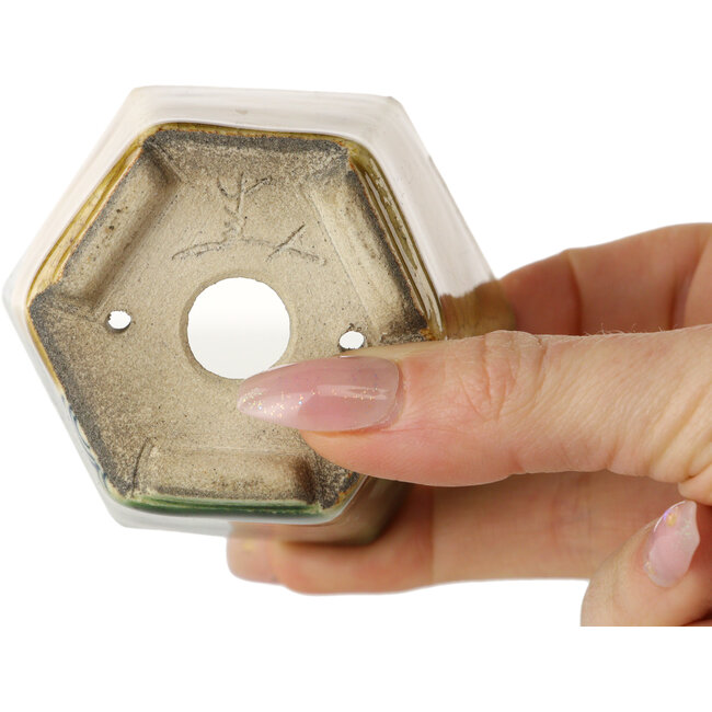 Pot à bonsaï hexagonal vert et jaune par Terahata Satomi Mazan - 71 x 71 x 62 mm