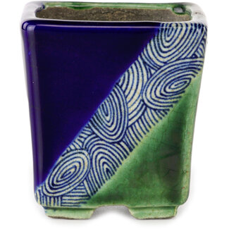  Satomi Mazan, Mazan Terahata Maceta para bonsái cuadrada en azul y verde de 63 mm de Terahata Satomi Mazan, Tokoname, Japón