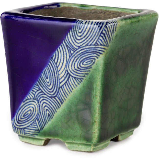 Pot à bonsaï carré bleu et vert par Terahata Satomi Mazan - 63 x 63 x 68 mm