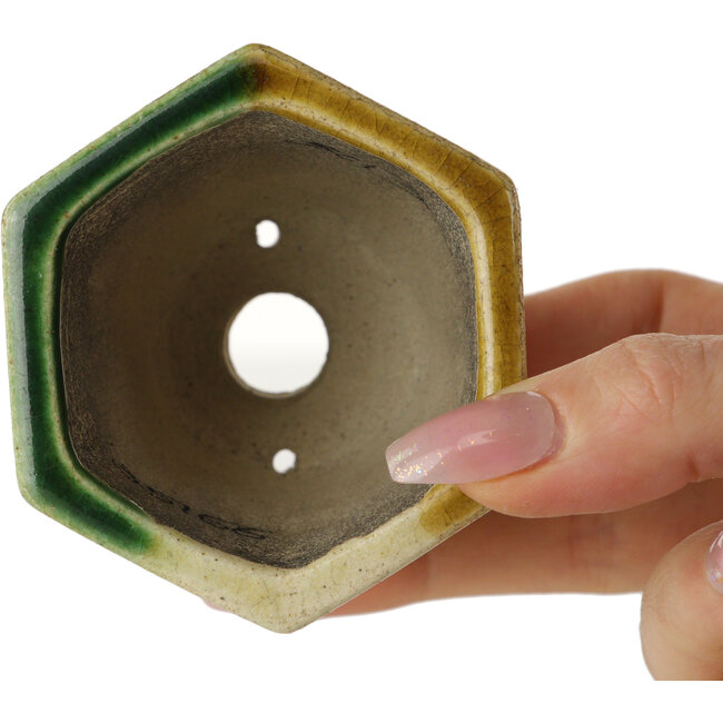 Sechseckiger grüner und gelber Bonsaitopf von Terahata Satomi Mazan – 71 x 71 x 62 mm