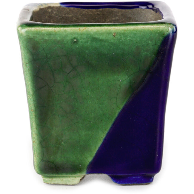 Pot à bonsaï carré bleu et vert par Terahata Satomi Mazan - 63 x 63 x 68 mm