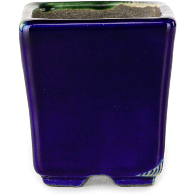 Square blue and green bonsai pot by Terahata Satomi Mazan - 63 x 63 x 68 mm