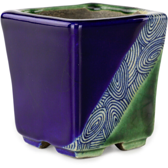 Quadratischer blauer und grüner Bonsaitopf von Terahata Satomi Mazan – 63 x 63 x 68 mm