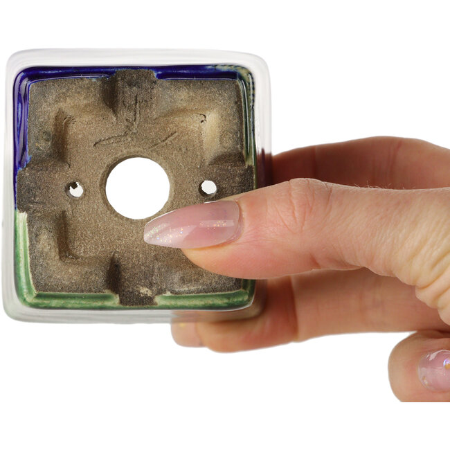 Maceta cuadrada para bonsái azul y verde de Terahata Satomi Mazan - 63 x 63 x 68 mm