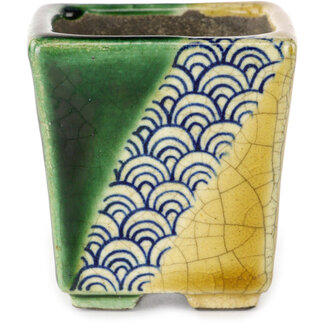  Satomi Mazan, Mazan Terahata 63 mm square green and yellow bonsai pot by Terahata Satomi Mazan, Tokoname, Japan