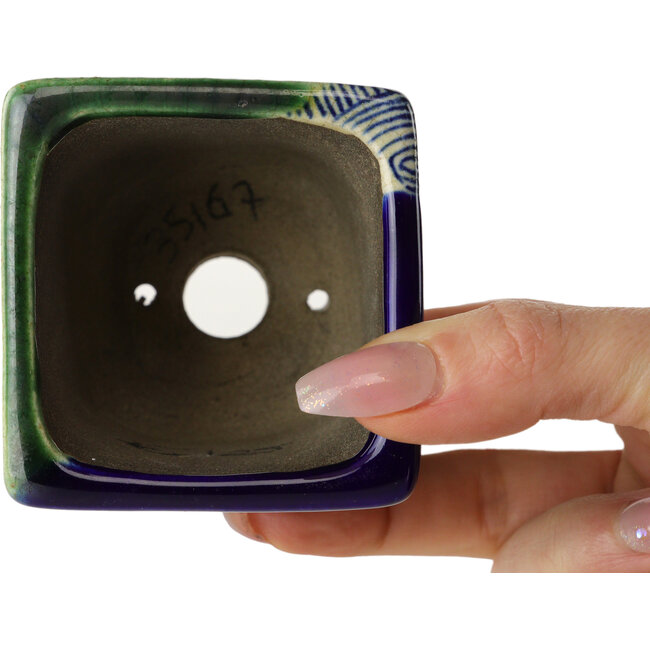Pot à bonsaï carré bleu et vert par Terahata Satomi Mazan - 63 x 63 x 68 mm