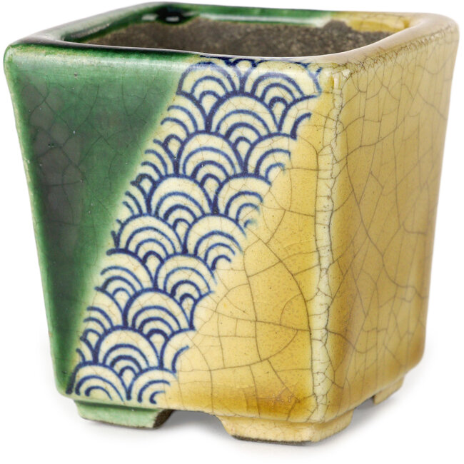 Square green and yellow bonsai pot by Terahata Satomi Mazan - 63 x 63 x 68 mm