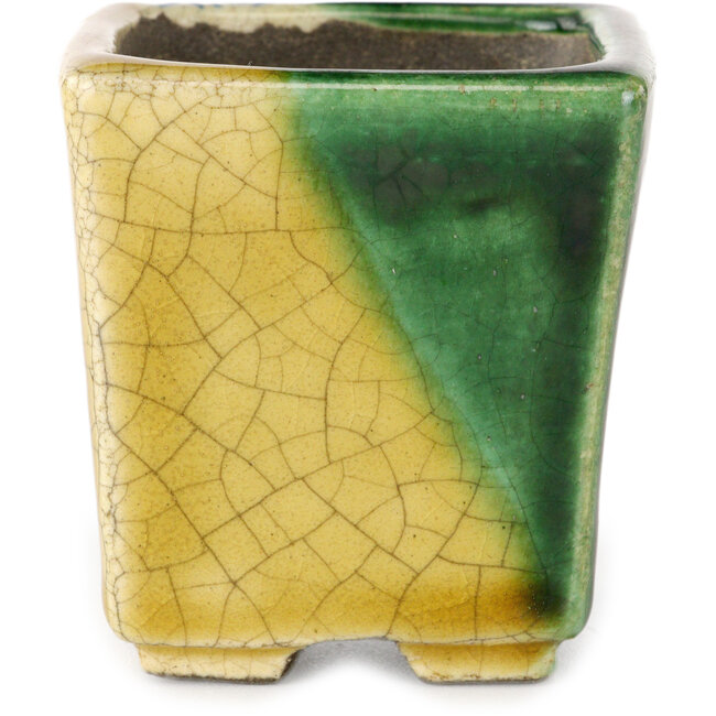 Square green and yellow bonsai pot by Terahata Satomi Mazan - 63 x 63 x 68 mm