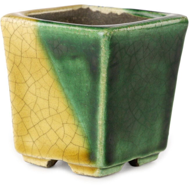 Vierkante groen en gele bonsaipot van Terahata Satomi Mazan - 63 x 63 x 68 mm