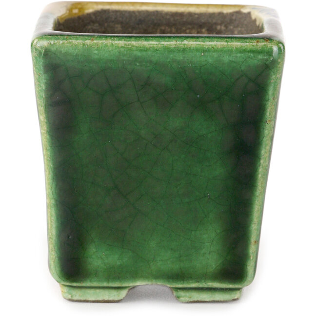 Square green and yellow bonsai pot by Terahata Satomi Mazan - 63 x 63 x 68 mm