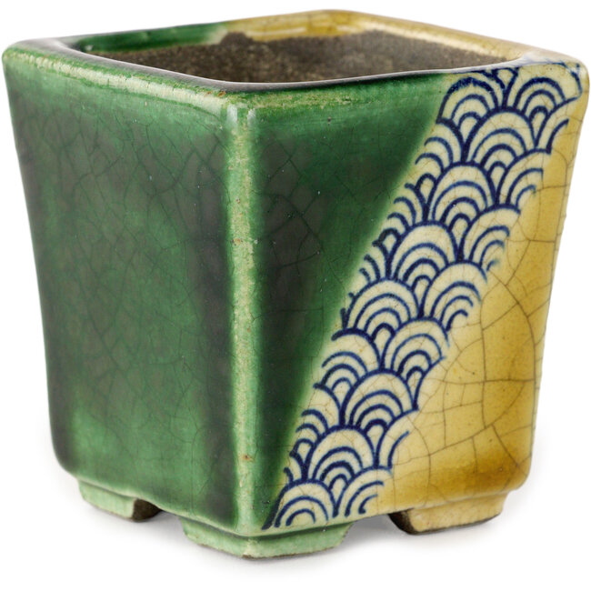 Vaso bonsai quadrato verde e giallo di Terahata Satomi Mazan - 63 x 63 x 68 mm