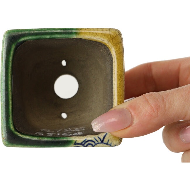 Quadratischer grüner und gelber Bonsaitopf von Terahata Satomi Mazan – 63 x 63 x 68 mm
